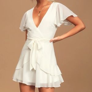 White Ruffled Mini Wrap Dress